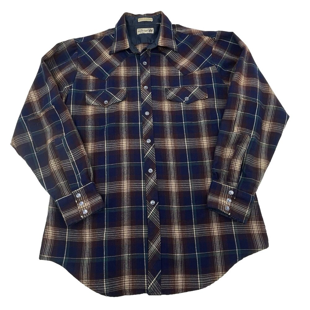 Roebucks Western Flannel Shirt Mens L Blue Gray Burgundy Pearl Snap Pockets VTG